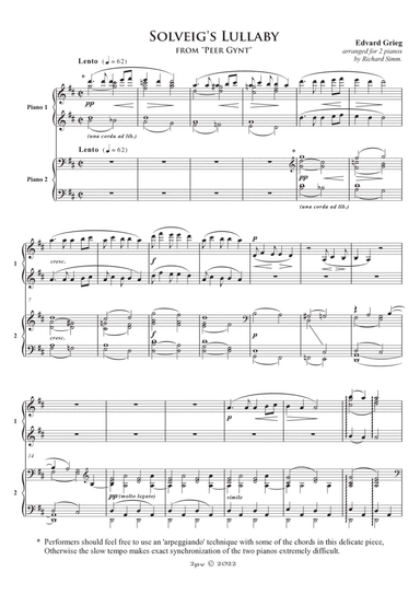 Solveig's Lullaby from "Peer Gynt", for 2 pianos (arr. Richard Simm)