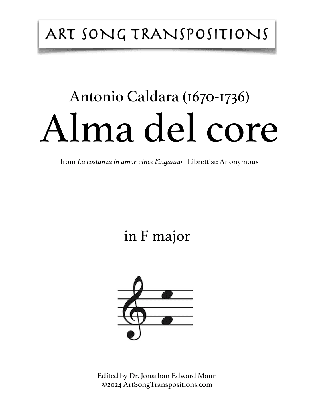 CALDARA: Alma del core (transposed to F major) (arr. ArtSongTranspositions.com)