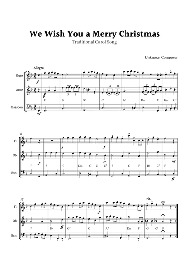 We Wish you a Merry Christmas for Woodwind Trio with Chords (arr. Rika K.)