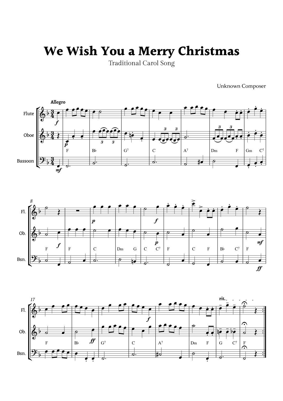 We Wish you a Merry Christmas for Woodwind Trio with Chords (arr. Rika K.)