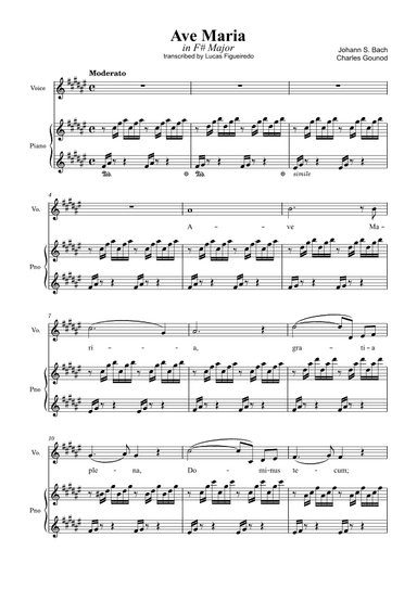 Ave Maria (Bach-Gounod) in F# Major for Piano and Voice (arr. Lucas Figueiredo)