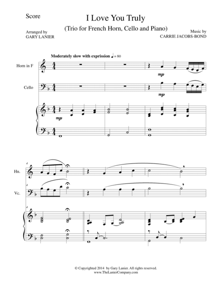 I LOVE YOU TRULY (Trio – French Horn, Cello, and Piano with Score and Parts) (arr. Gary Lanier)