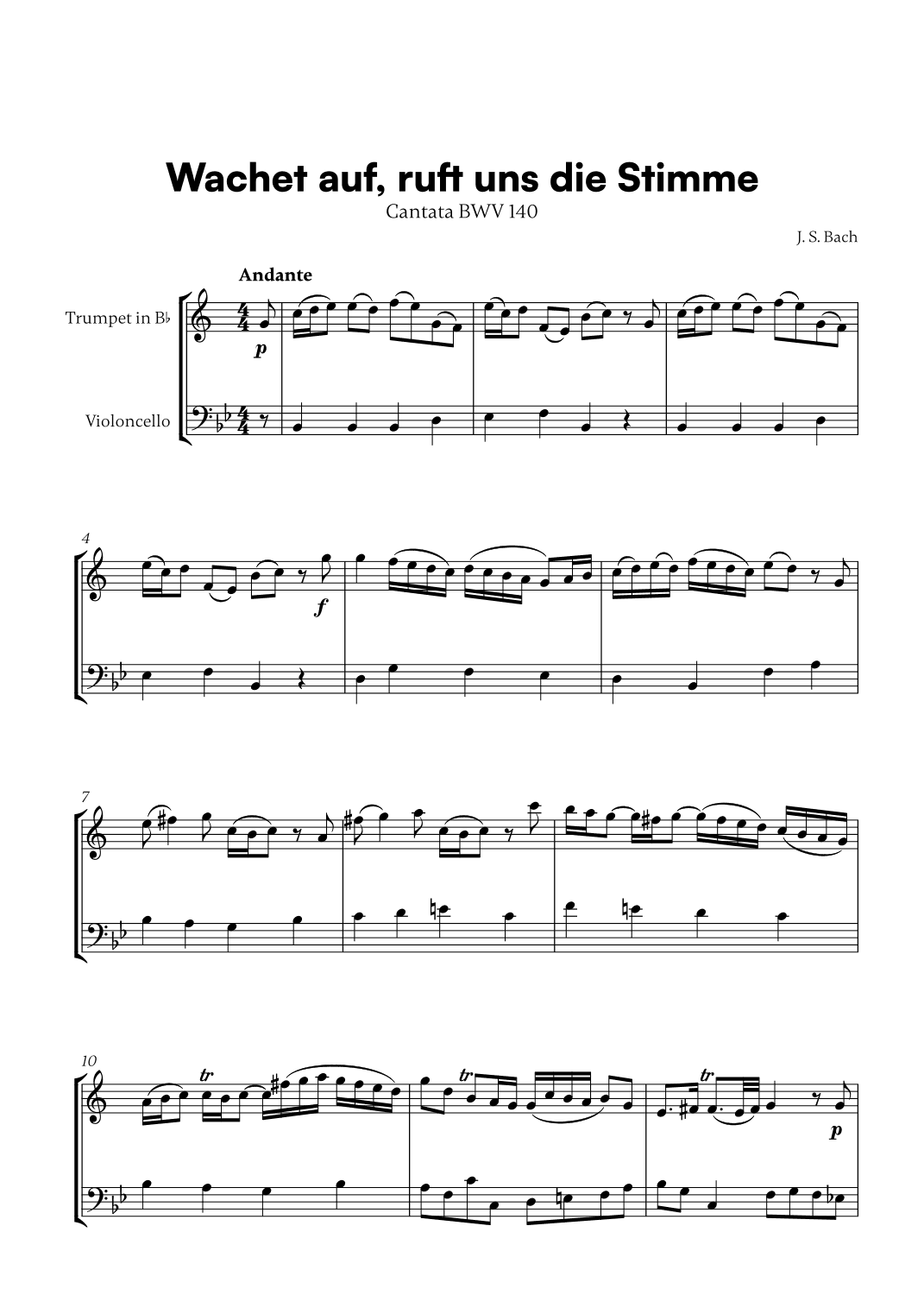 Johann Sebastian Bach - Wachet auf, ruft uns die Stimme (for Trumpet in Bb and Cello) (arr. Cadenza Editions)