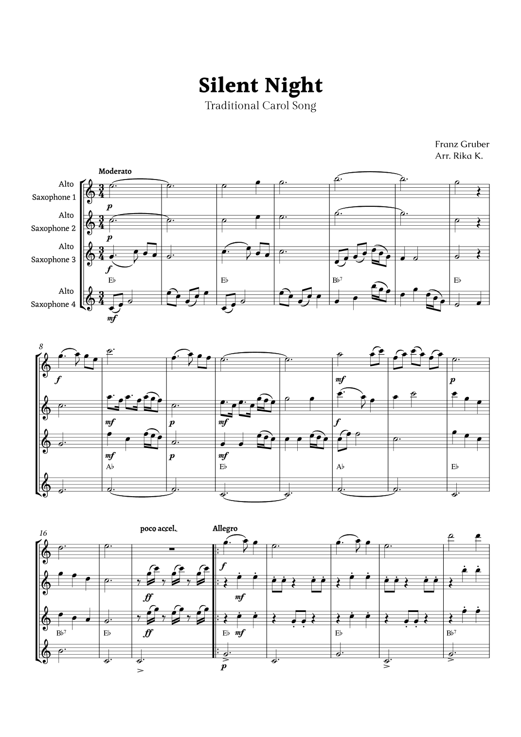 Silent Night for Alto Sax Quartet (arr. Rika K.)
