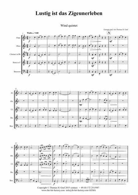 Lustig ist das Zigeunerleben - German Folk Song Waltz October Fest - Woodwind Quintet (arr. Thomas H. Graf)