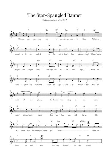 The Star Spangled Banner (National Anthem of the USA) - with lyrics - D Major (arr. Cadenza Editions)