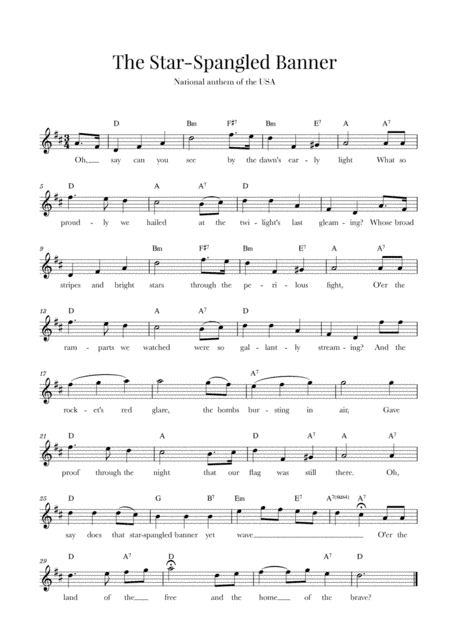 The Star Spangled Banner (National Anthem of the USA) - with lyrics - D Major (arr. Cadenza Editions)