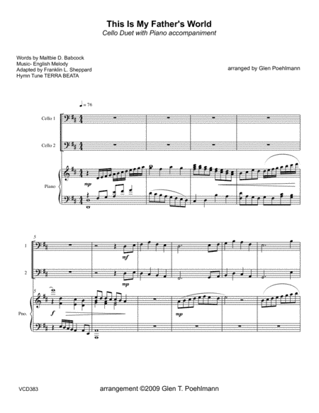 THIS IS MY FATHER'S WORLD - CELLO DUET with Piano Accompaniment (arr. Glen Poehlmann)