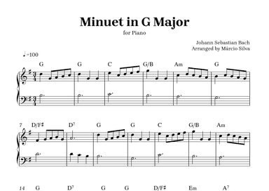 Minuet in G Major - for piano - intermediate sheet music (arr. Márcio Silva)