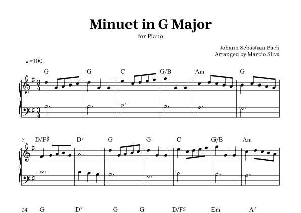 Minuet in G Major - for piano - intermediate sheet music (arr. Márcio Silva)