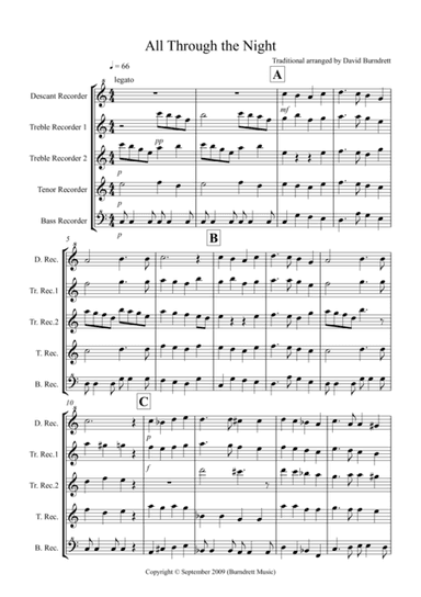 All Through the Night for Recorder Quintet (arr. David Burndrett)