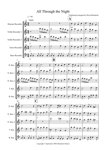 All Through the Night for Recorder Quintet (arr. David Burndrett)