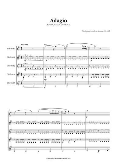 Andante from Piano Concerto No. 21 by Mozart for Clarinet Quintet (arr. Ander)
