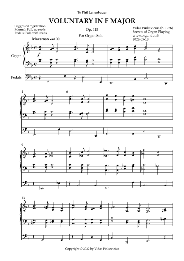 Voluntary in F Major, Op. 115 (Organ Solo) by Vidas Pinkevicius (2022)