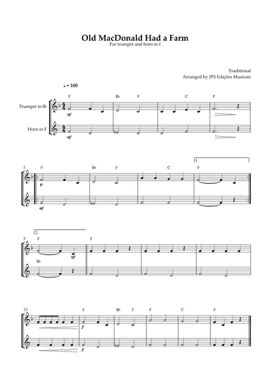 Old MacDonald Had A Farm for trumpet and horn in F (arr. JPS Edições Musicais)