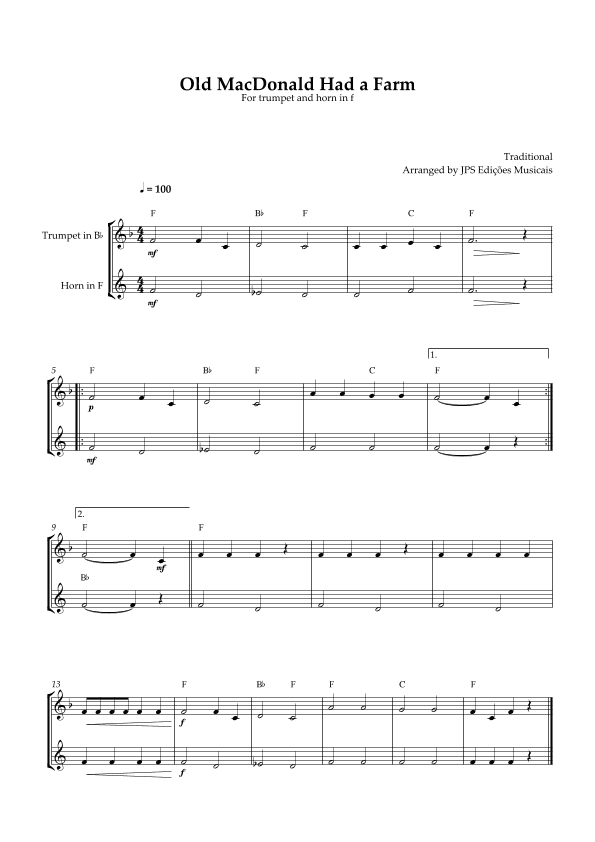 Old MacDonald Had A Farm for trumpet and horn in F (arr. JPS Edições Musicais)
