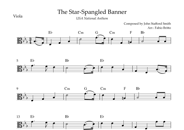 The Star Spangled Banner (USA National Anthem) for Viola Solo with Chords (Eb Major) (arr. Fabio Britto)