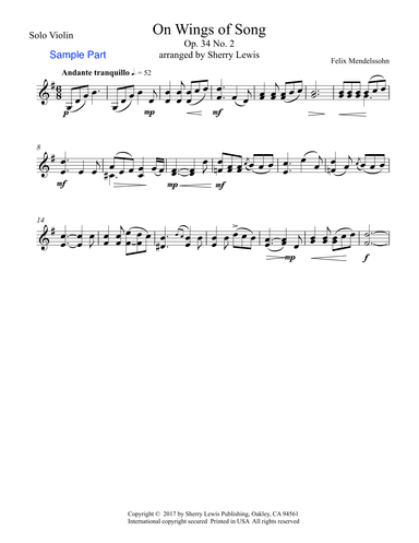ON WINGS OF SONG for Solo Violin, Intermediate Level (arr. Sherry Lewis)