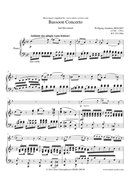 2nd Movement from Mozart's Bassoon Concerto - Euphonium and Piano (arr. Arranged by Anne L Christopherson GRSM ARCM at www.music-scores.com)