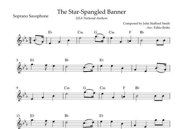 The Star Spangled Banner (USA National Anthem) for Soprano Saxophone Solo with Chords (Db Major) (arr. Fabio Britto)