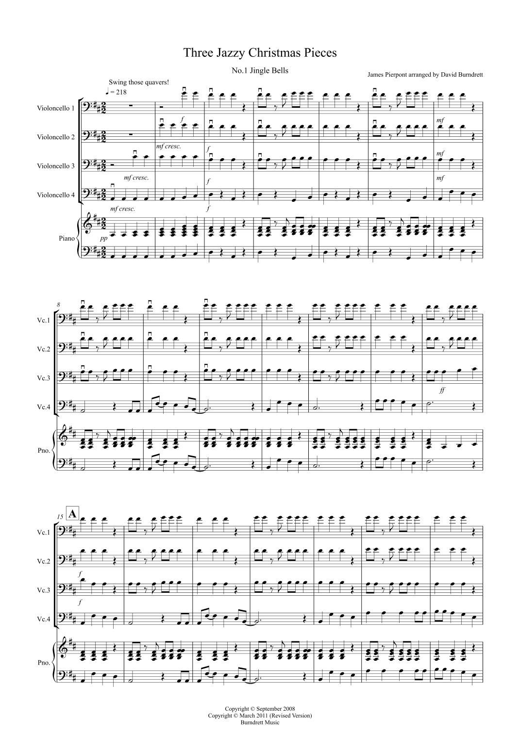 3 Jazzy Christmas Pieces for Cello Quartet (arr. David Burndrett)