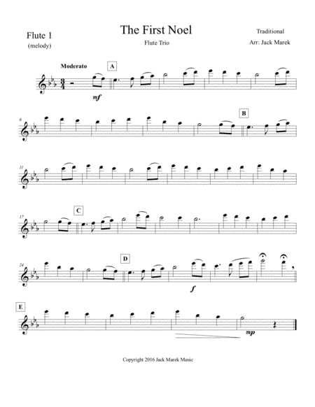 The First Noel Flute  solo,duet,trio  Intermediate level (arr. Jack Marek)
