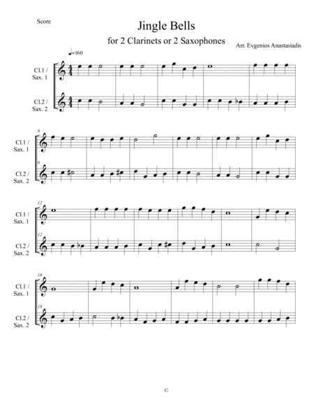 Jingle Bells-Easy Christmas song for 2 Clarinets or 2 Saxophones (arr. Evgenios Anastasiadis)