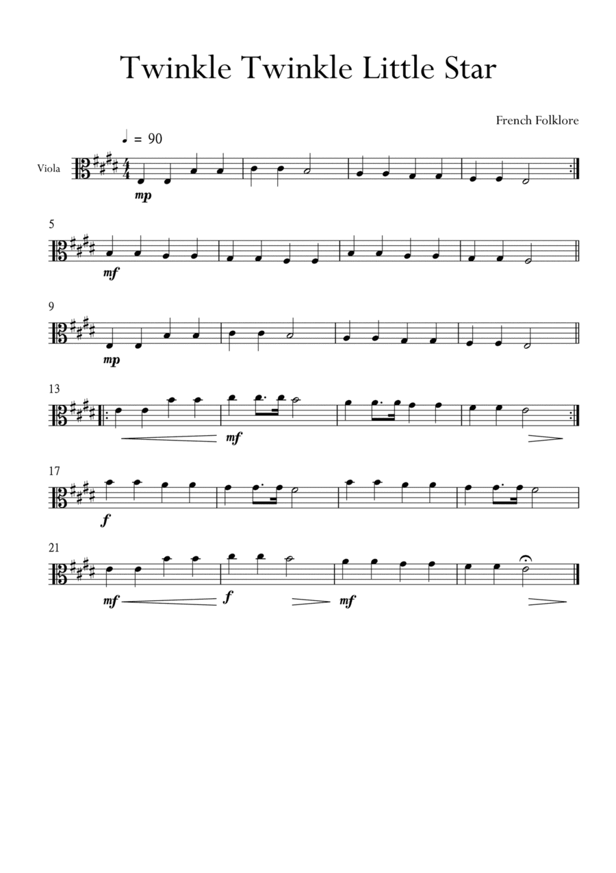 Twinkle Twinkle Little Star in E Major for Viola. Very Easy. (arr. Matheus Araújo)
