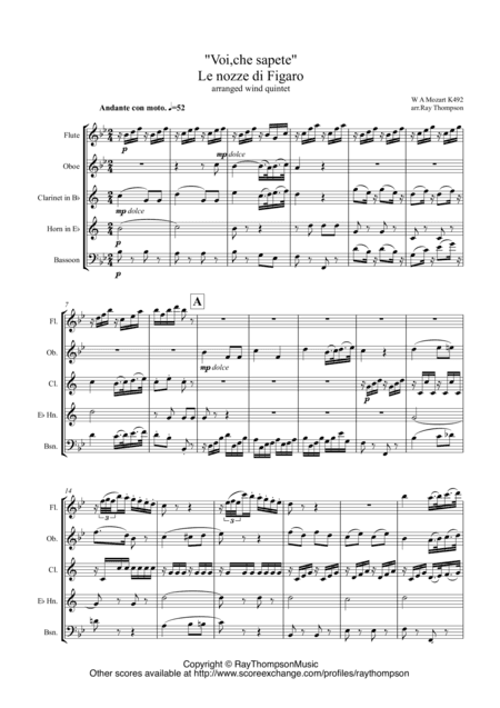 Mozart: Le Nozze di Figaro K492: Aria"Voi, che sapete" - wind quintet (arr. Ray Thompson)