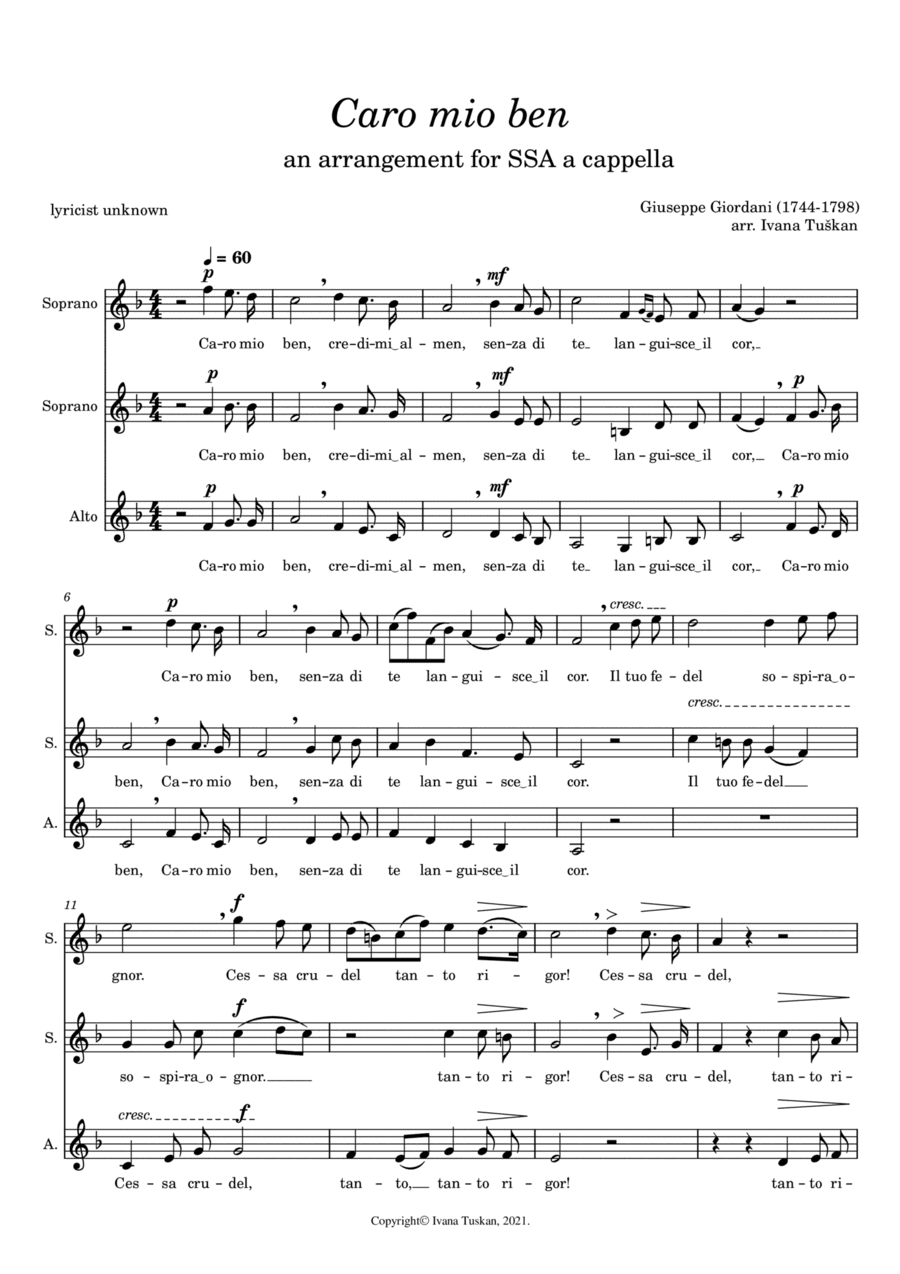 Caro mio ben, SSA, F major (arr. Ivana Tuskan)