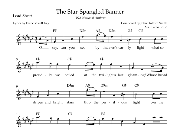 The Star Spangled Banner (USA National Anthem) Lead Sheet (F# Major) (arr. Fabio Britto)