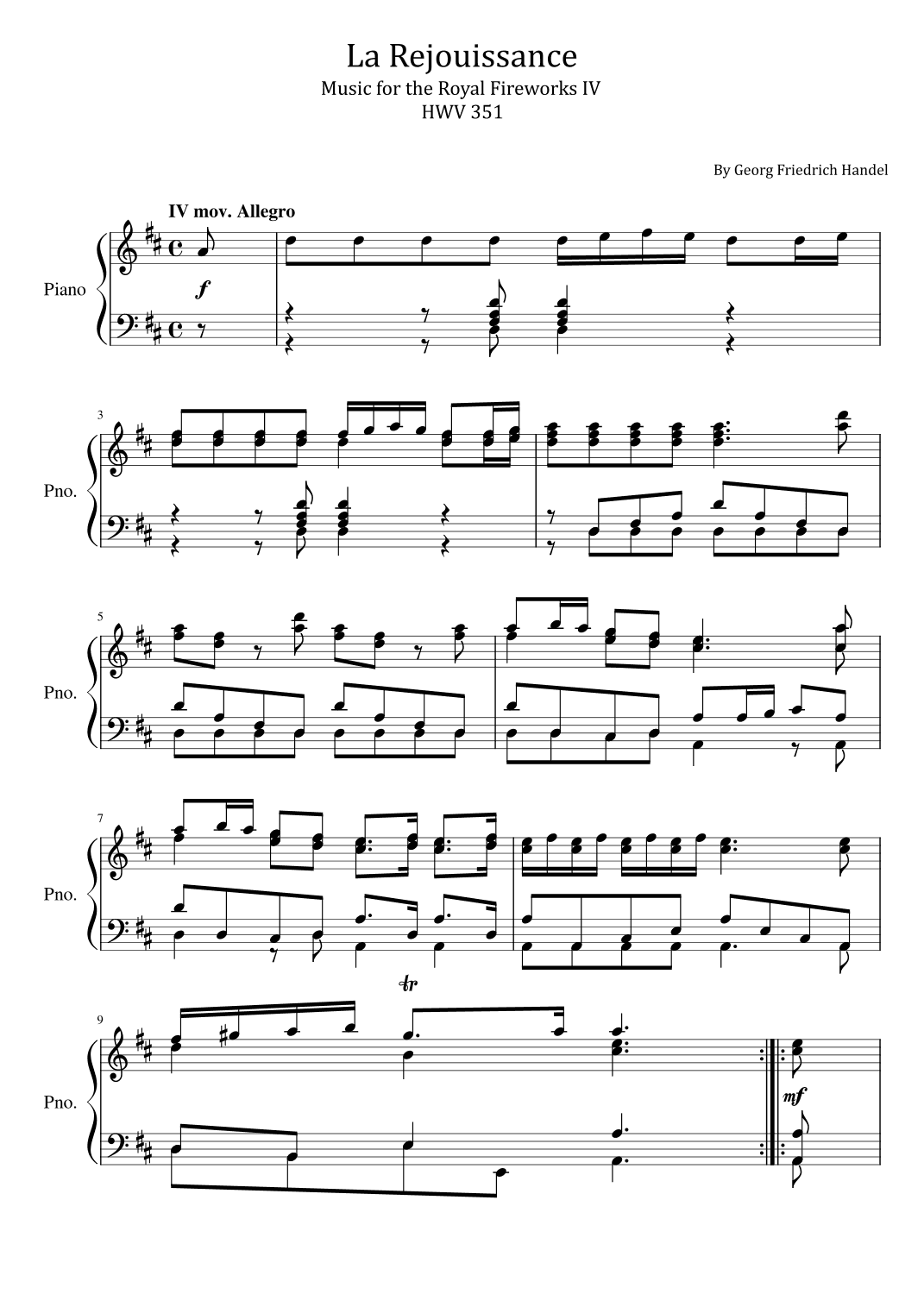 Handel - La Rejouissance - Music for the Royal Fireworks IV HWV 351 - For Piano Solo Original (arr. poon)