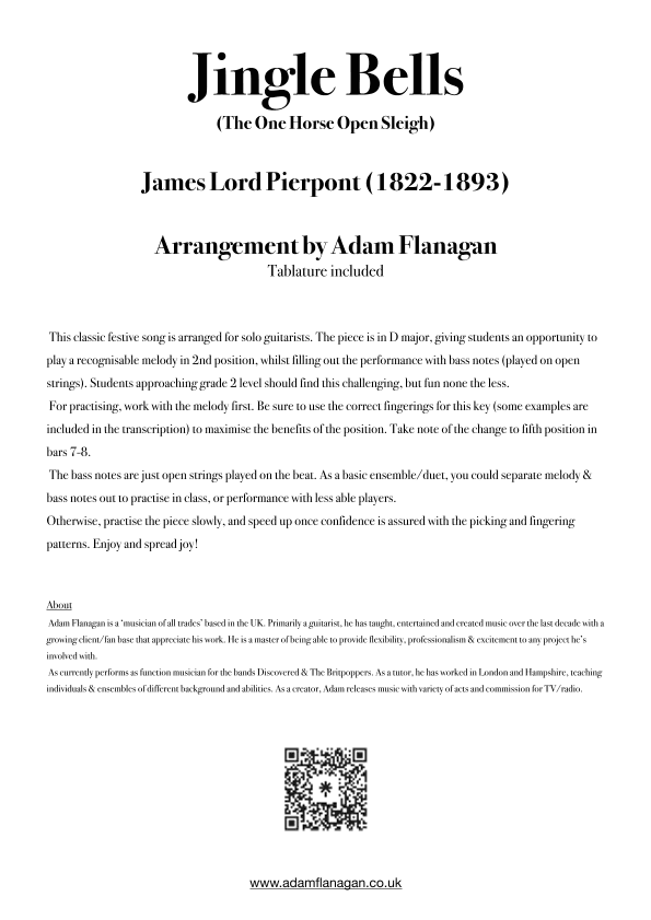 Jingle Bells (One Horse Open Sleigh) including Tablature (arr. Adam Flanagan)