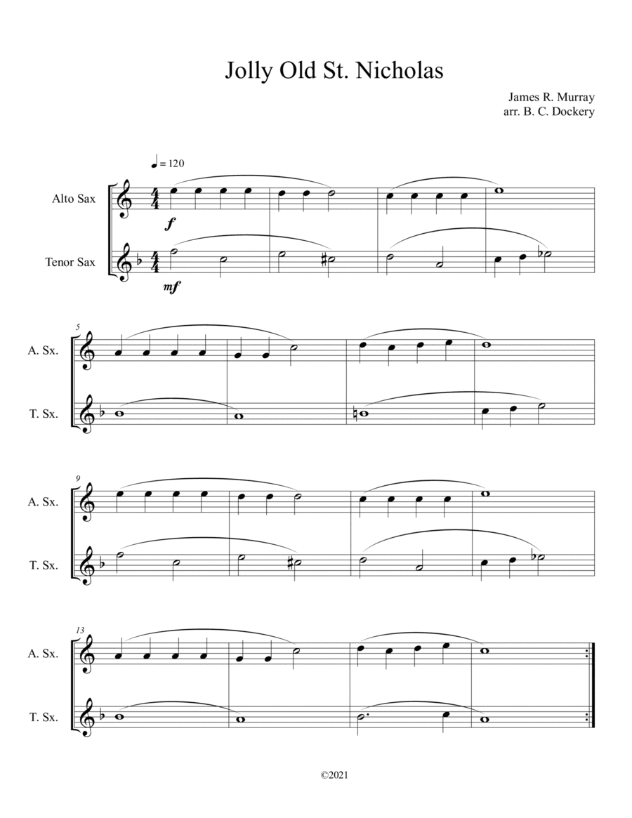 Jolly Old St. Nicholas (Alto and Tenor Sax Duet) (arr. B. C. Dockery)