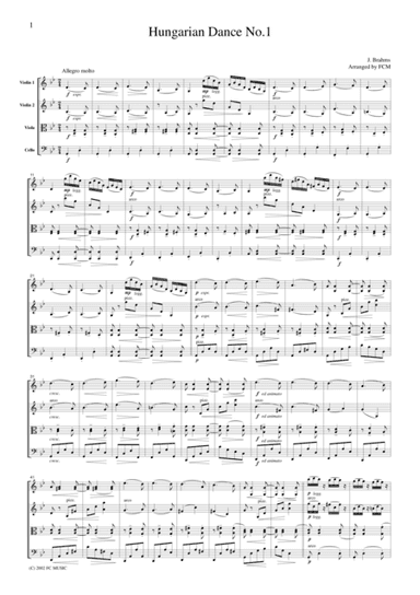 Brahms  Hungarian Dance No.1, for string quartet, CB302 (arr. FCMUSIC)