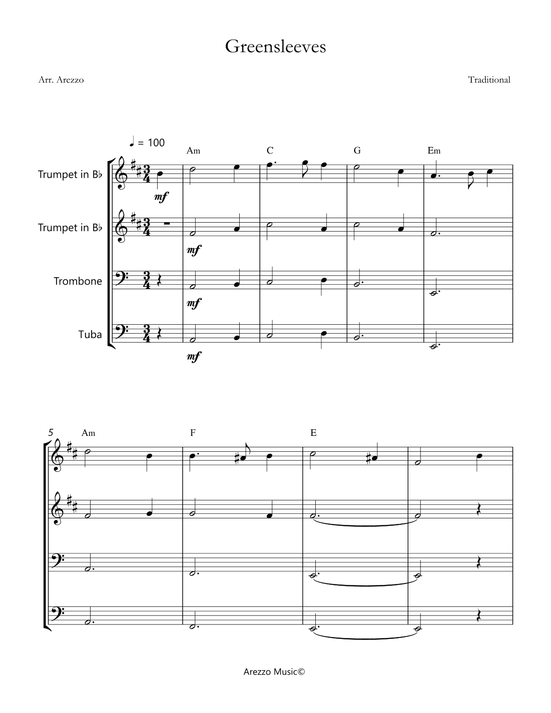 greensleeves brass quintet sheet music chord symbols (arr. Arezzo Music)