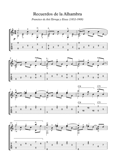 Recuerdos de la Alhambra guitar solo (arr. PianoSheetNow)