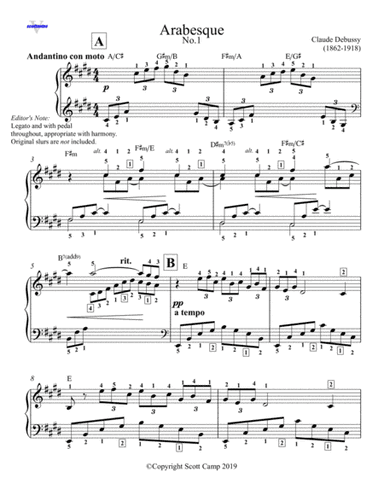 Arabesque No. 1 (Debussy) with piano fingering (arr. Scott Camp)