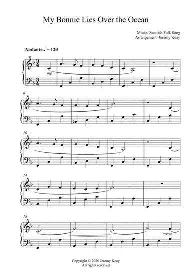 My Bonnie Lies Over the Ocean (early intermediate - solo piano) (arr. Jeremy Koay)