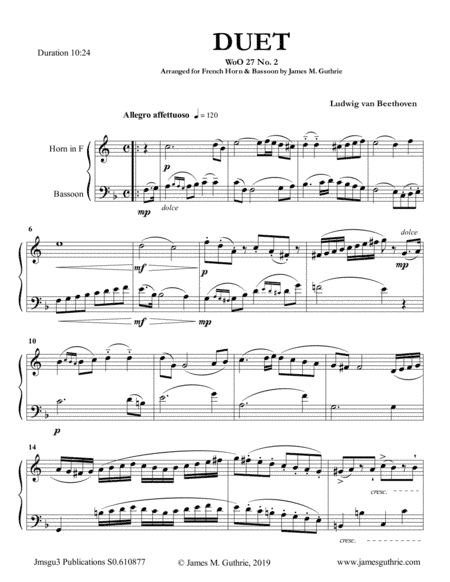 Beethoven: Duet WoO 27 No. 2 for French Horn & Bassoon (arr. James M. Guthrie, ASCAP)