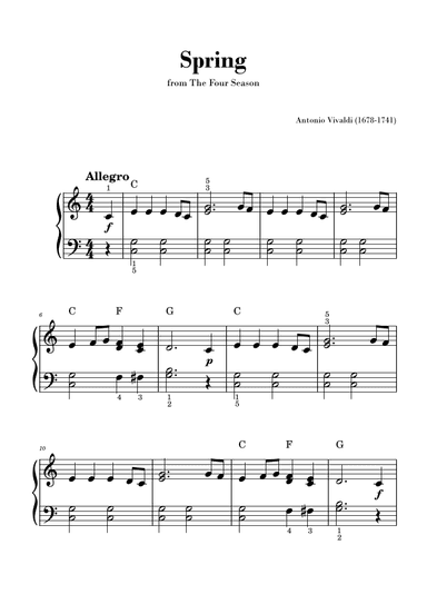 Spring from 'The Four Seasons' - Easy Piano and Chords (arr. Gisele Sant'Ana)