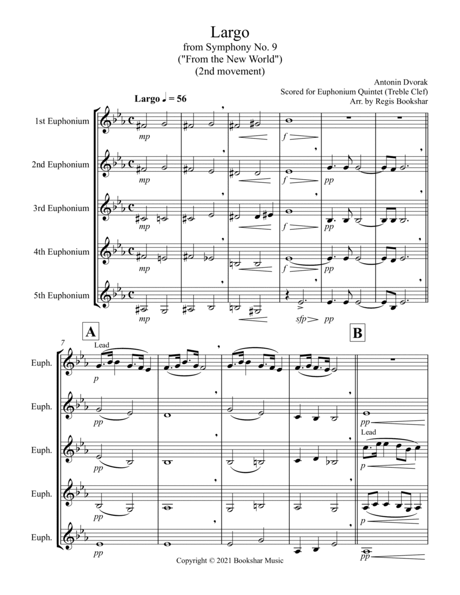 Largo (from "Symphony No. 9") ("From the New World") (Db) (Euphonium Quintet - Treble Clef) (arr. Regis Bookshar)