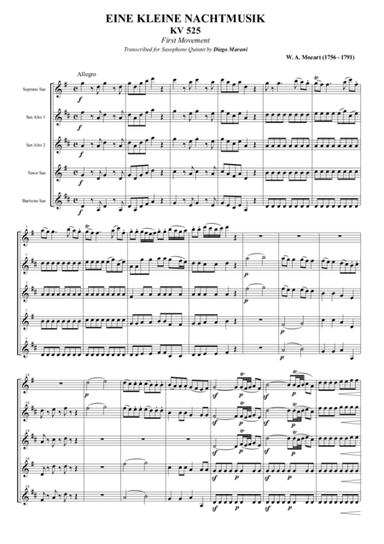 Eine Kleine Nachtmusik for Saxophone Quintet (1st movement) (arr. Diego Marani)