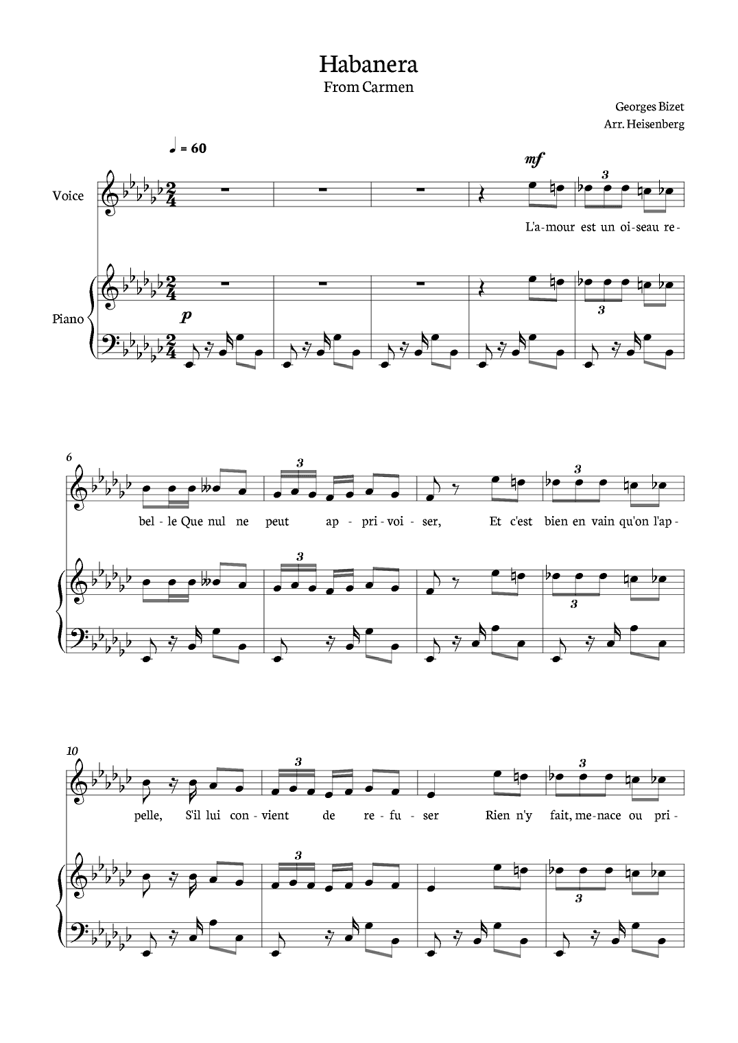 Habanera - Carmen for piano and voice in Eb minor. (arr. Heisenberg)