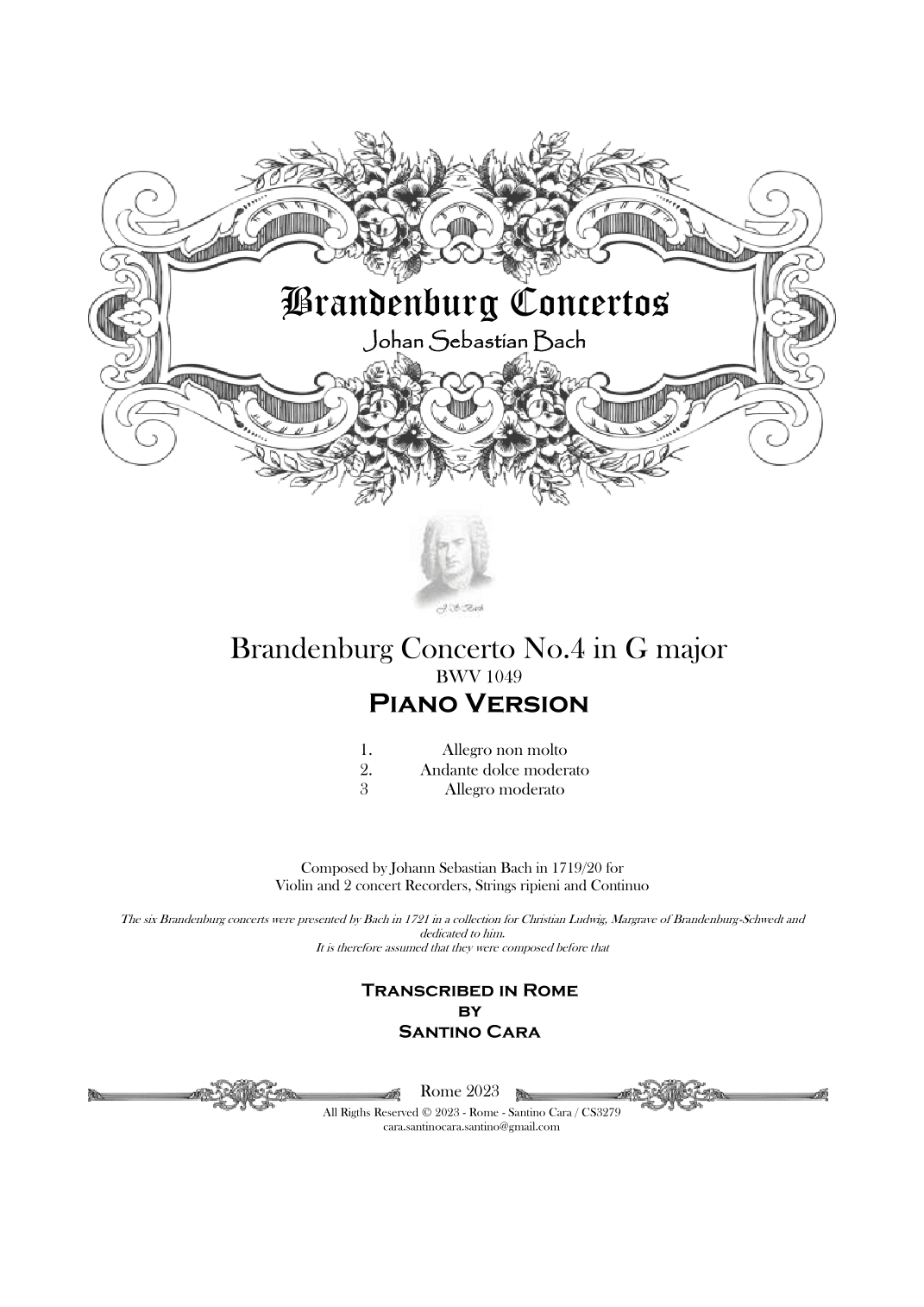 Bach - Brandenburg Concerto No.4 in G major BWV 1049 - Piano Version (arr. Santino Cara)