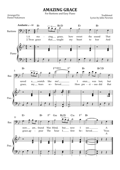 Amazing Grace (for baritone vocal with easy piano) (arr. Daniel Nakamura)