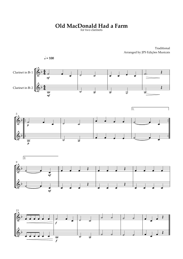 Old MacDonald Had A Farm for clarinet duet (arr. JPS Edições Musicais)