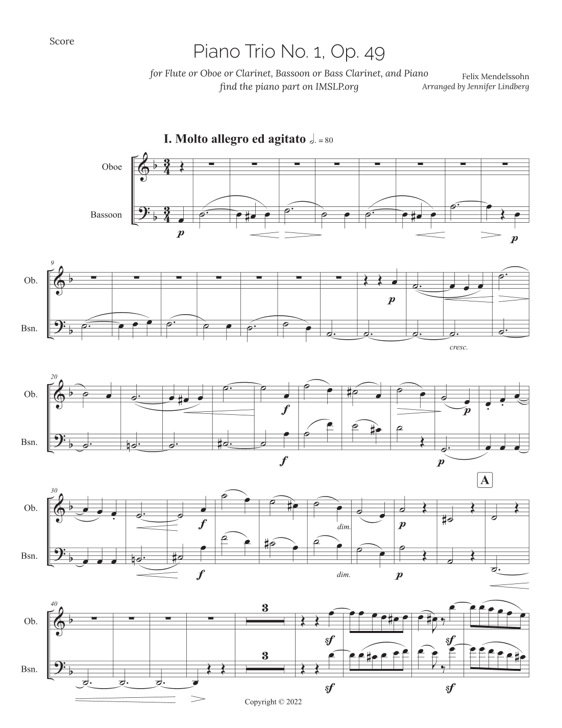 Mendelssohn Piano Trio No. 1, Op. 49, for Flute/Oboe/Clarinet and Bassoon/Bass Clarinet (arr. Jennifer Lindberg)