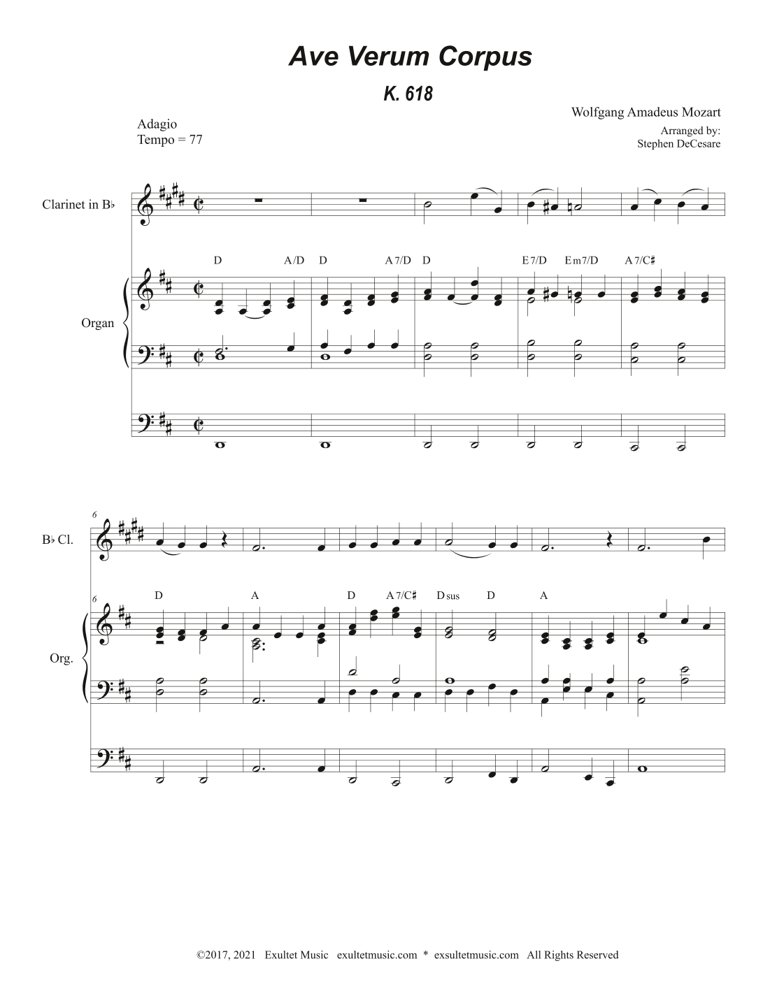 Ave Verum Corpus (Bb-Clarinet solo - Organ Accompaniment) (arr. Stephen DeCesare)