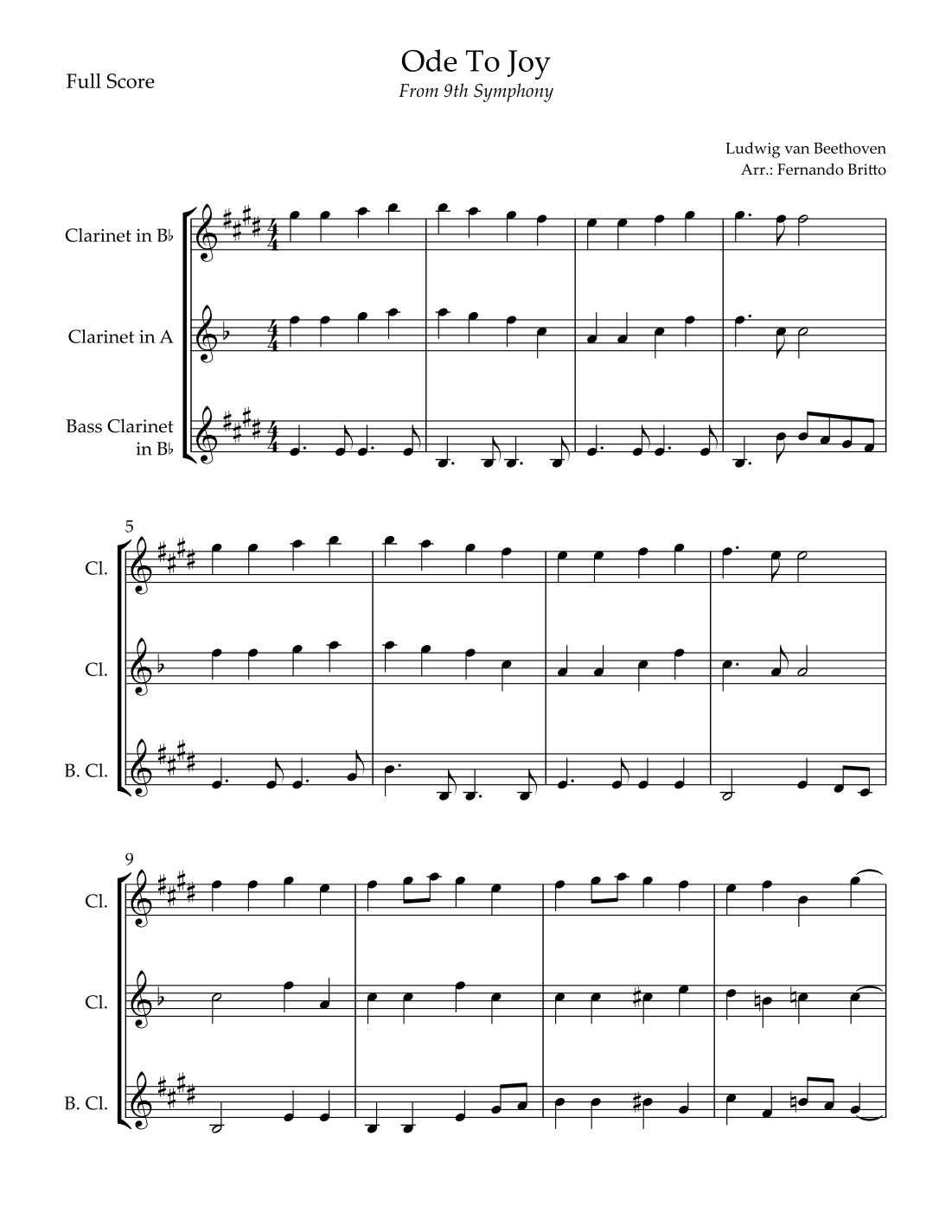 Ode To Joy Theme (from Beethoven's 9th Symphony) for Clarinet Trio (arr. Fernando Britto)